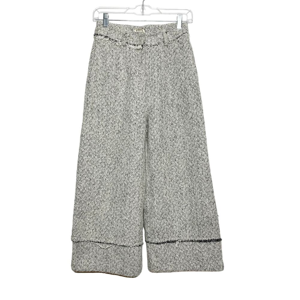 Mo:Vint High Waisted Tweed Cropped Trousers Chevron Pattern Black White Size S